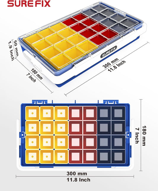 TidyMate Modular Organizer Box, Heavy-Duty Stackable Tool Storage Case with Removable Compartments, Clear Lid, Portable Hardware Organizer for Screws, Nuts, Bolts, and Accessories (Yellow/Red/Navy)