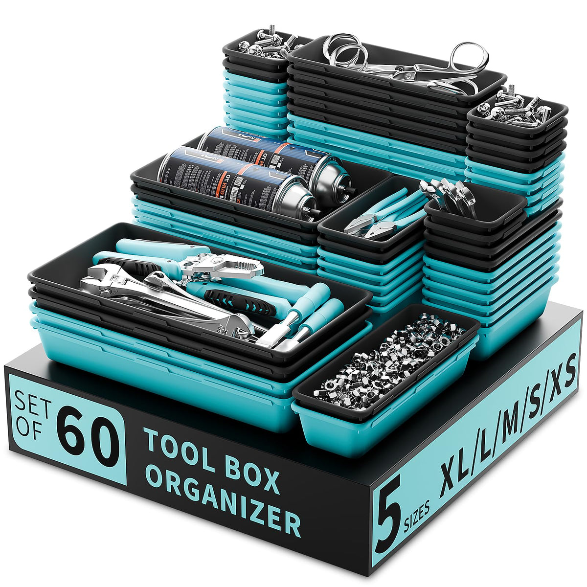 Tool Box Organizer Tray, 60 PCS & 5 Sizes, Black