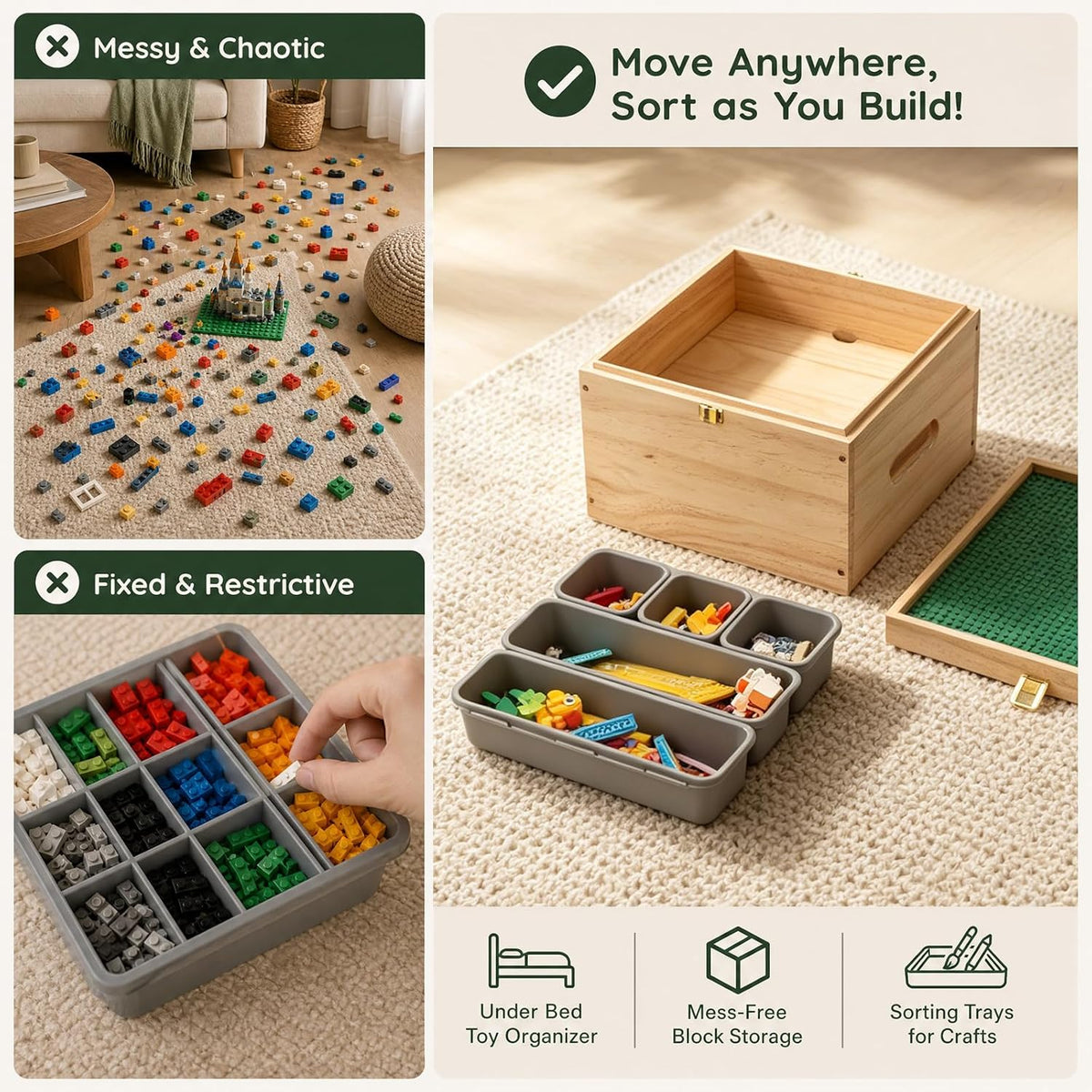 Wooden Storage Box for Lego with Dual-Sided Building Baseplate Lid, 5 Removable Bins, Natural Pine Toy Organizer Compatible with Classic Lego and Duplo Bricks for Building, Storage & Display