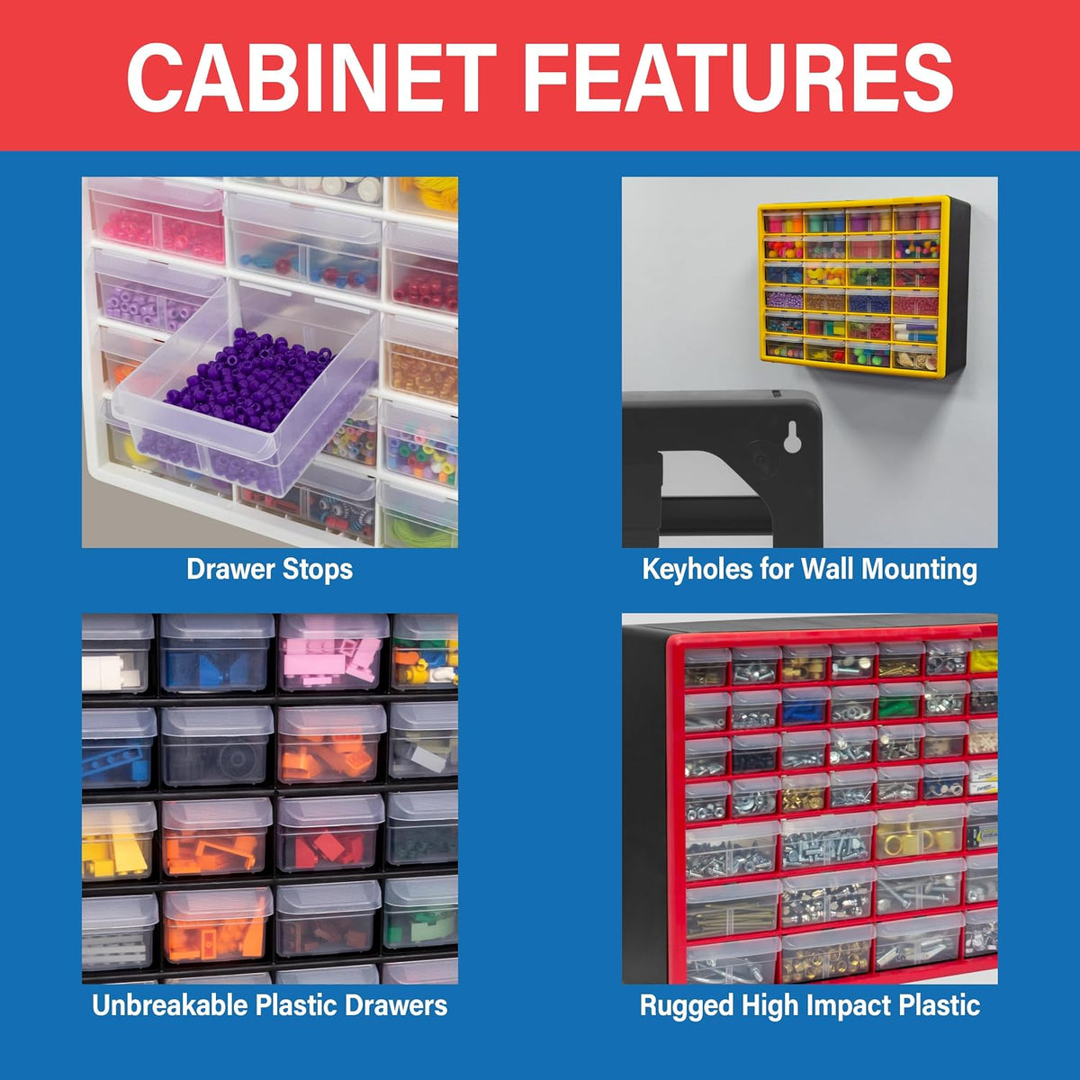 Akro-Mils 10164, 64 Drawer Plastic Parts Storage Hardware and Craft Cabinet, 20-Inch W x 6-Inch D x 16-Inch H, Black