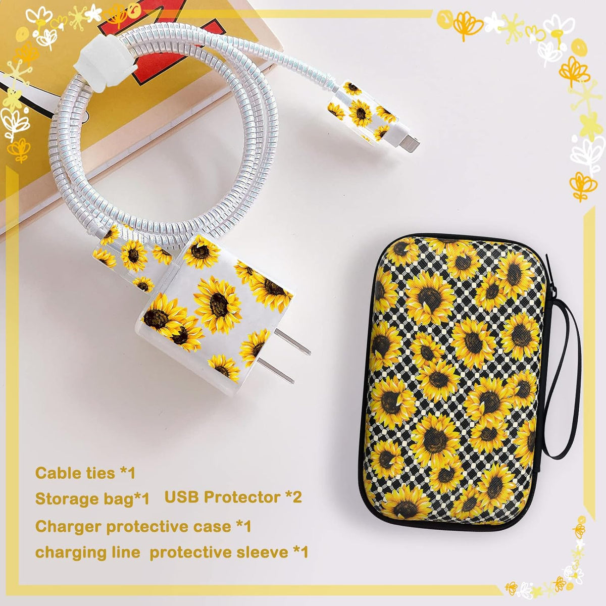 Cute Phone Charger Protector Set with Storage bag Case Yellow Sunflowers Travel Carrying Bag Data Cable 20W USB Charger Data Line Cable Protector Cord Organizer, Lightning Cable Chomper,Charger Saver
