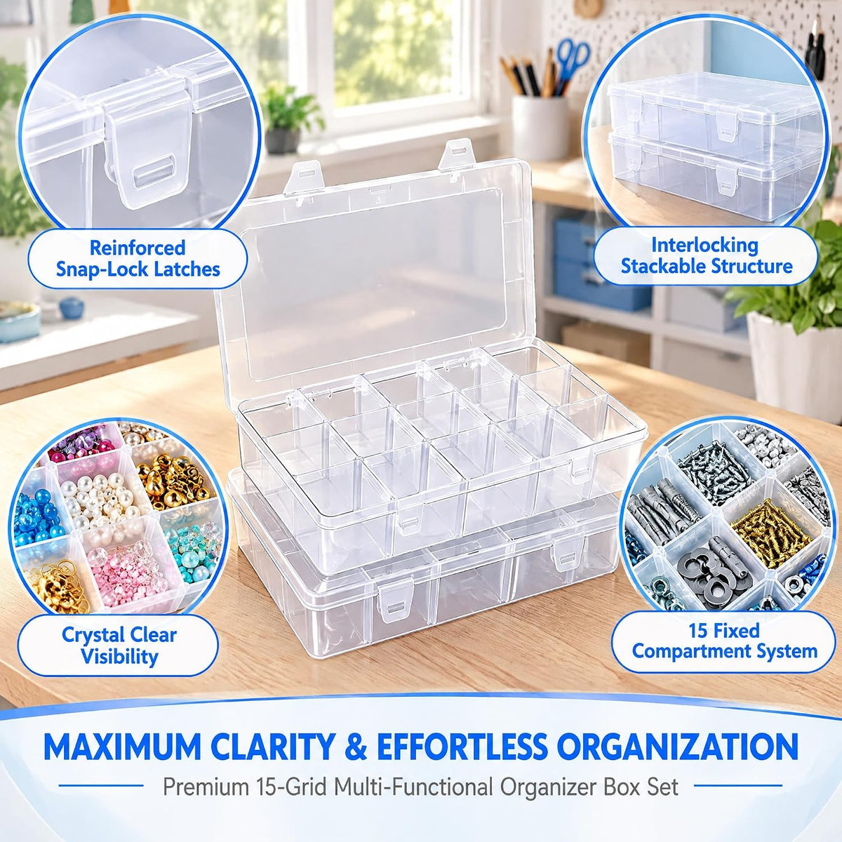 Clear Plastic Organizer Box with Adjustable Dividers, 15 Large Grids, 2 Pack, for Beads, Crafts, Fishing Tackle and Lego Storage, Includes Label Stickers