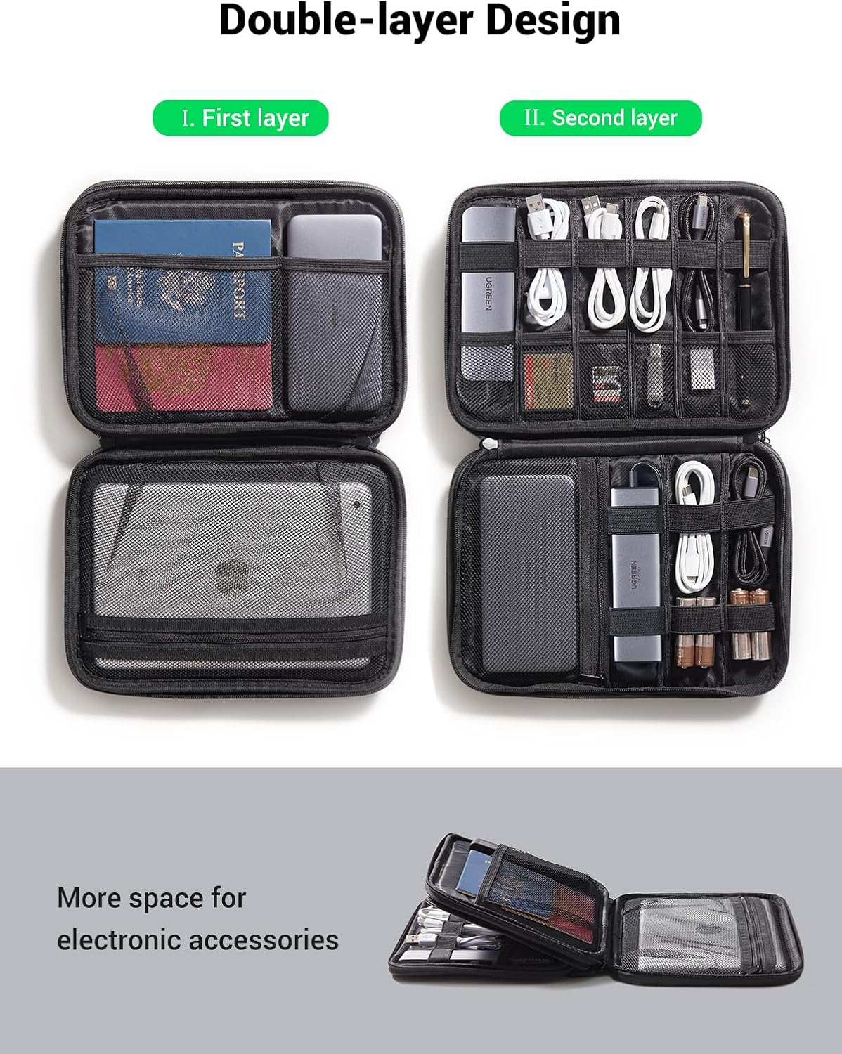 UGREEN Electronic Organizer Travel Cable Organizer Storage Bag for Data Cables, USB C Charger, SD Card, Hard Drive, Charging Cord, Mouse, Power Bank, Phone, Power Adapter Plug Electronics Accessories