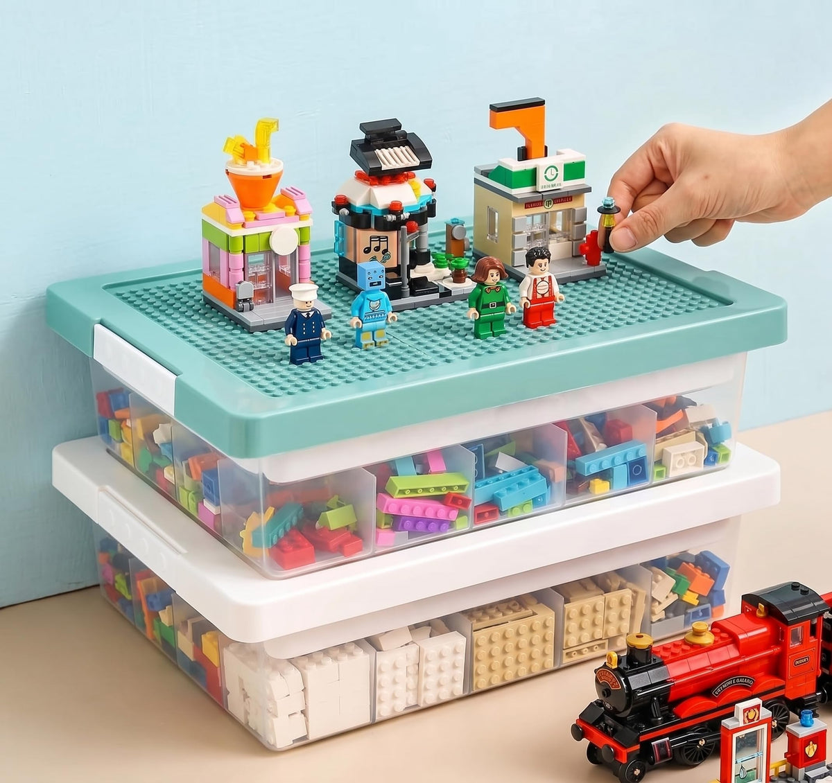 Toy Storage Organizer Box for Lego Bricks with Compatible Building Plate Lid, 3-Layer Removable Sorting Trays, Stackable Plastic Storage Bin, Building Block Organization (1pc-white)