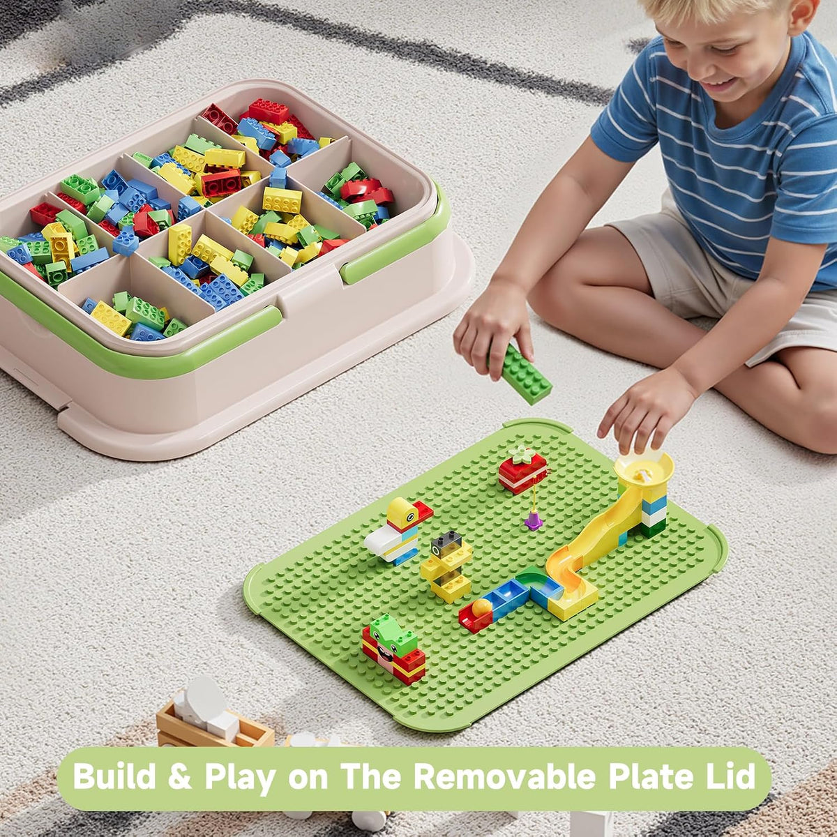 joyingbaby Toy Storage Organizer Box with Handle, Stackable Building Block Toy Box with Building Plate Lid & Removable Sorting Trays, Cubby Bins and Containers 3 Layer (Green)