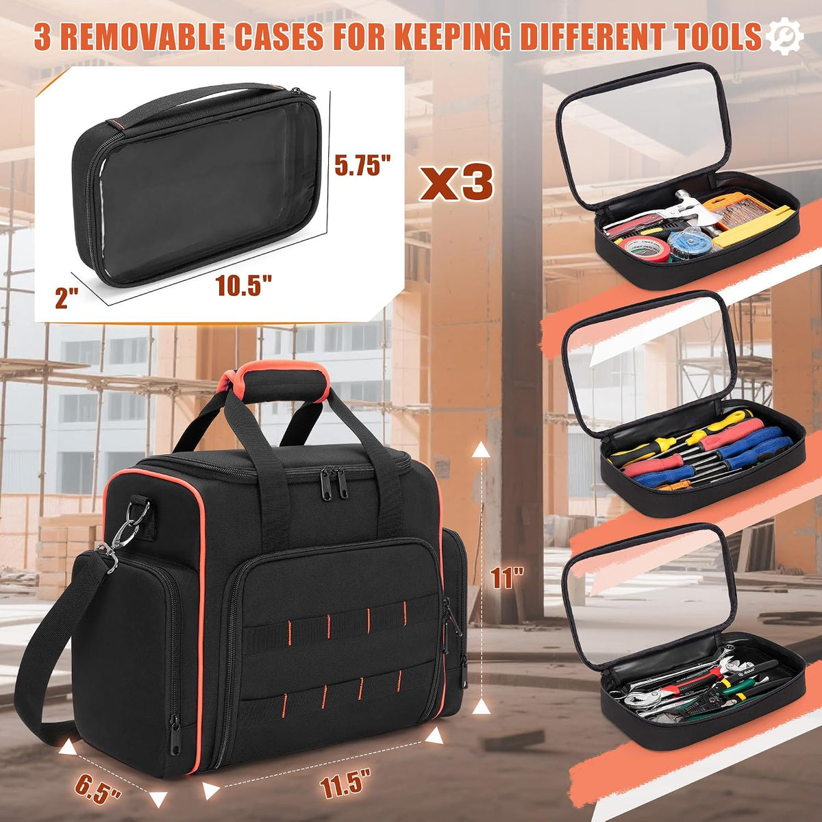 Marscamd Tool Bag with 3 Removable Cases, 2 Layers Tool Tote for Hand Tools