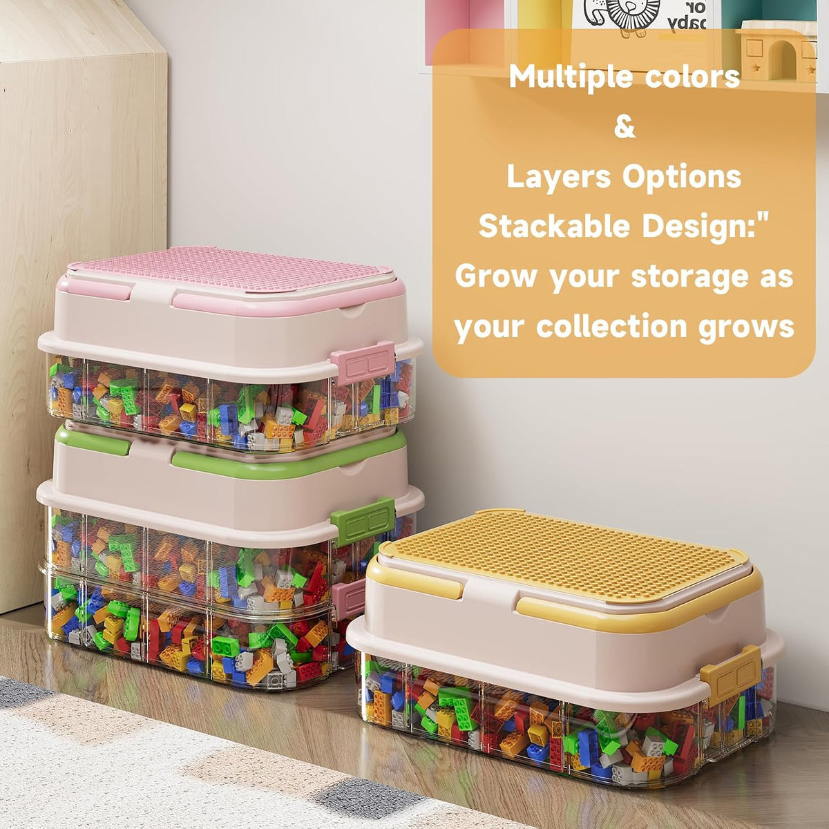 joyingbaby Toy Storage Organizer Box with Handle, Stackable Building Block Toy Box with Building Plate Lid & Removable Sorting Trays, Cubby Bins and Containers 3 Layer (Green)