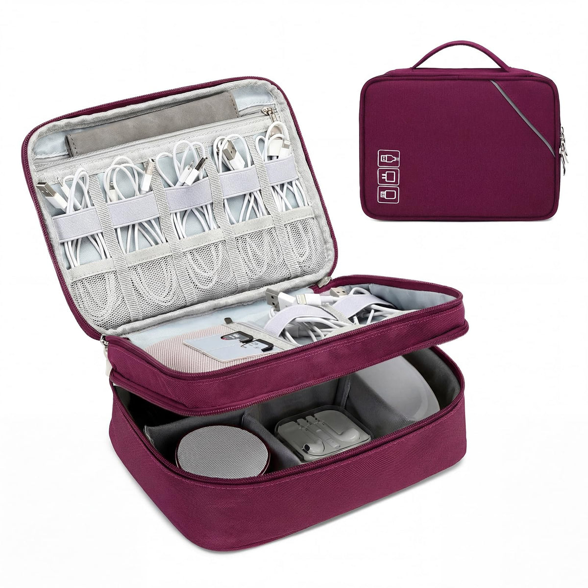 Lanola Travel Cable Organizer Bag, Electronic Accessories Case Portable Double Layer Cable Storage Bag for Cord, Charger, Flash Drive, Phone, SD Card,Personal Items - (Purple)