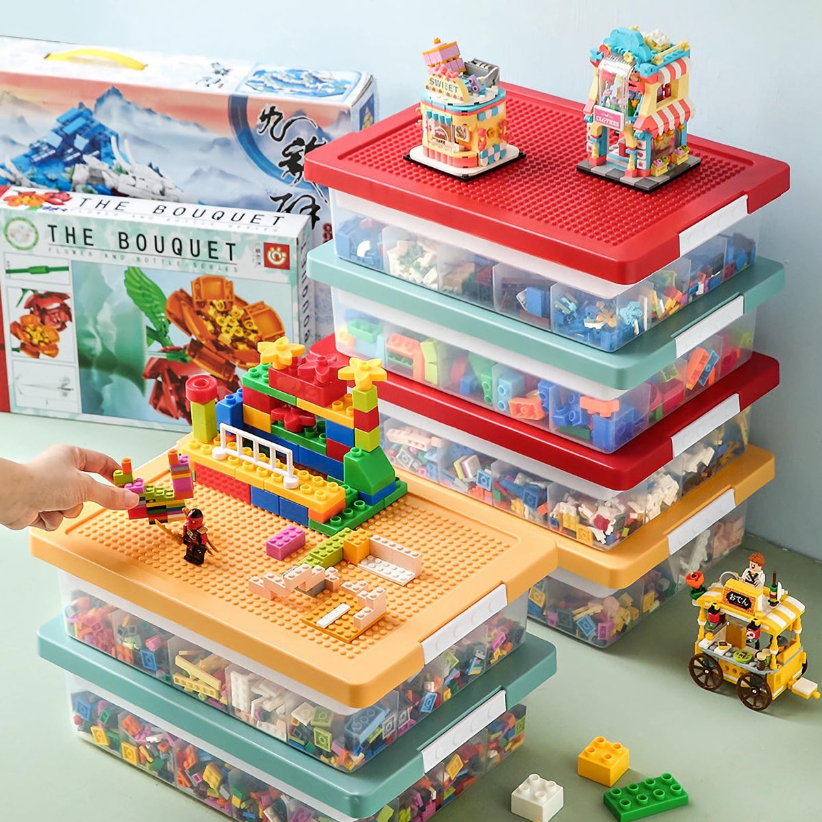 Toys Storage Organizer Box for Lego, Toy Storage Box with Building Plate Lid and Removable Tray, Building Block Storage, Stackable Plastic Organizer Bins(Yellow)