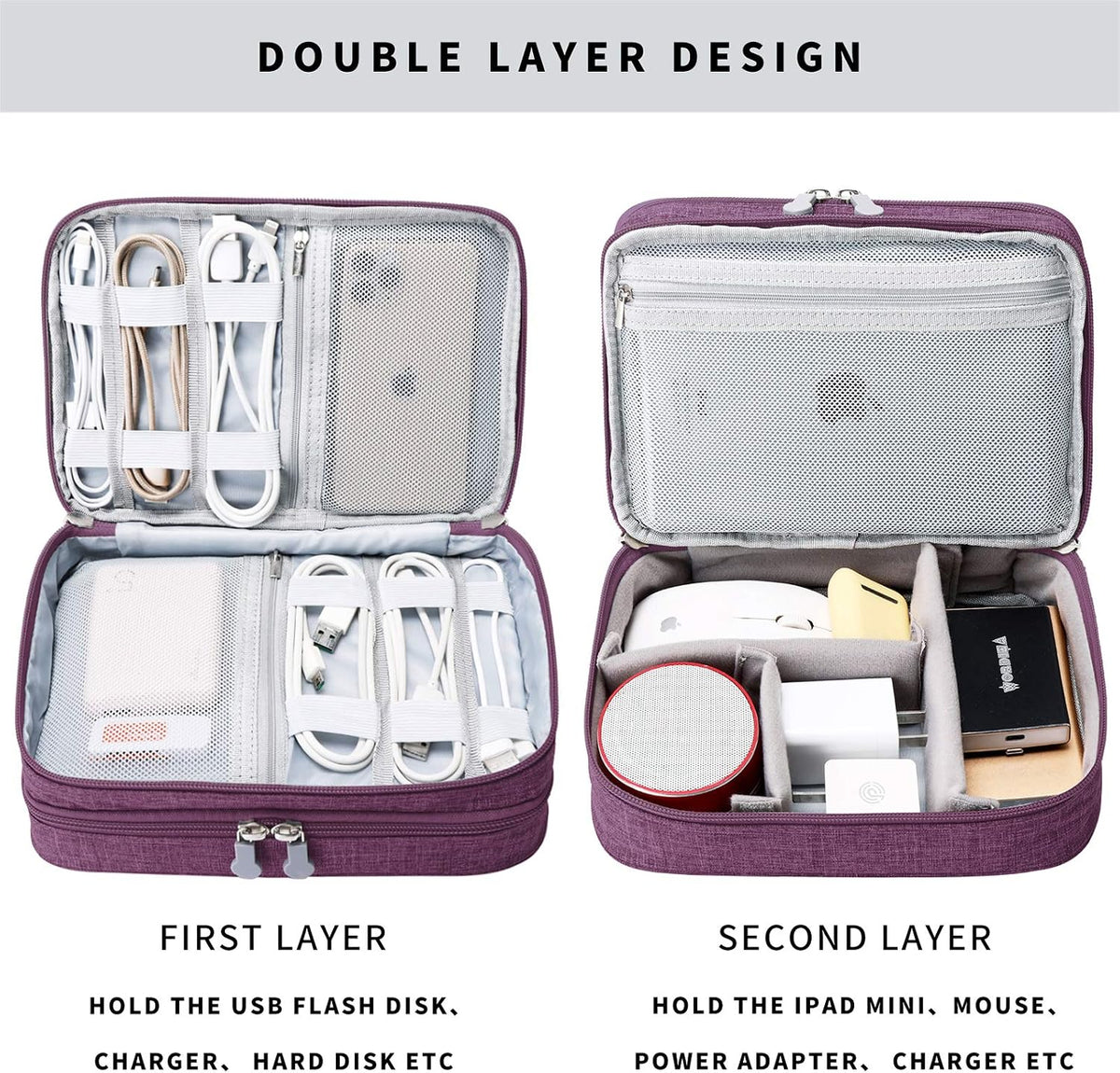 Mygreen Electronic Accessories Organizer Bag, Waterproof Double Layer Travel Storage Case with Adjustable Padded Dividers, Portable Hard Pouch for Cables, Charger, Power Bank, Phone, Hard Drive Purple