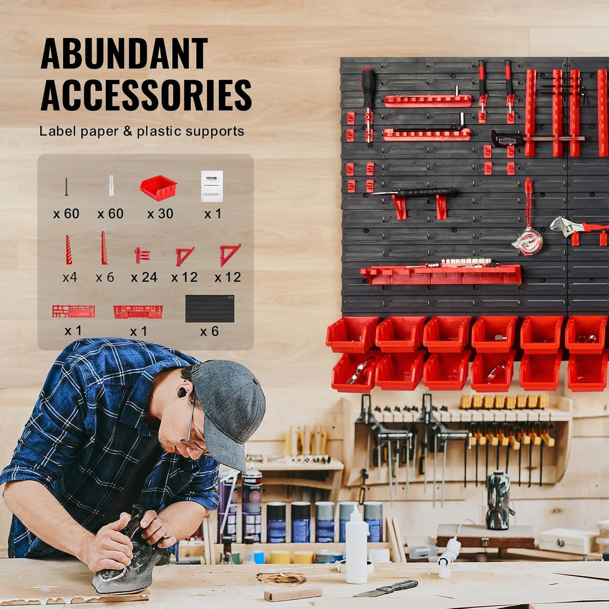 VEVOR Wall Mounted Storage Rack System, 30-Bin Parts Rack Organizer with Wall Panels/Tool Holders/Hooks, Garage Plastic Shop Tool Organizer for Nuts, Bolts, Screws, Nails, Beads, Buttons