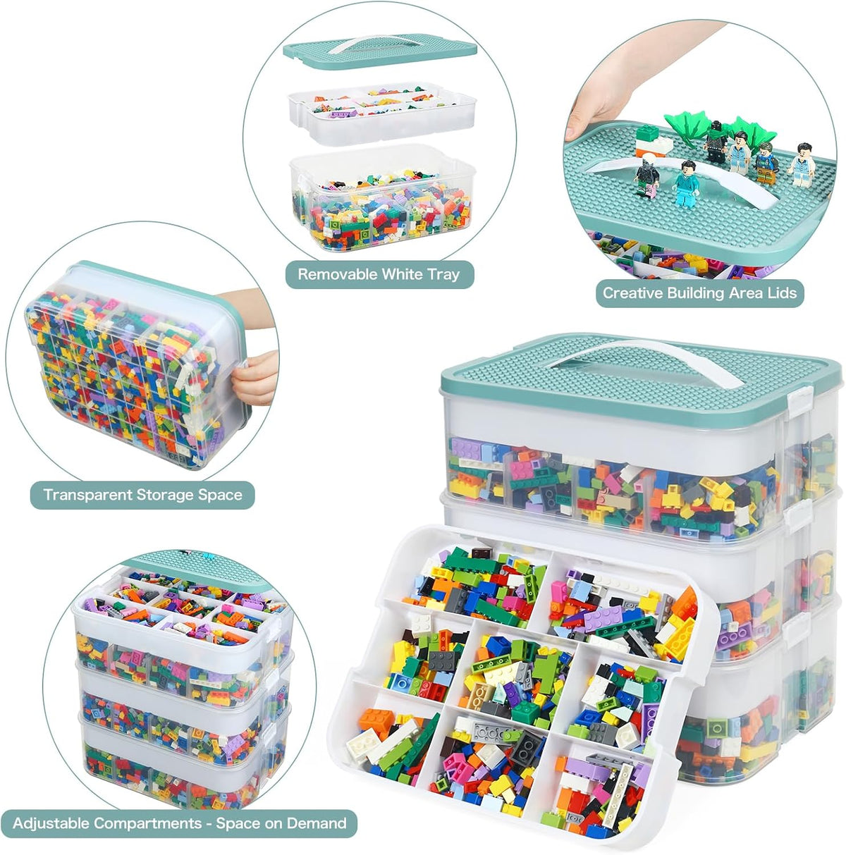 Douorgan Toy Storage Organizer for Lego Stackable Organizer Bins with Compartments Portable Containers with Lids Building Blocks Miniature Organizer Storage Box Toy Chest Case (1 Layer)