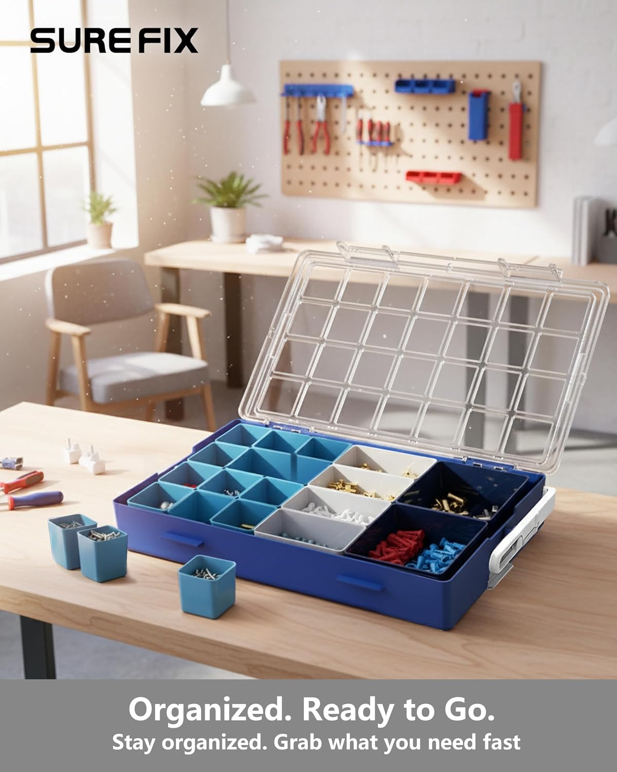 TidyMate Modular Organizer Box, Heavy-Duty Stackable Tool Storage Case with Removable Compartments, Clear Lid, Portable Hardware Organizer for Screws, Nuts, Bolts, and Accessories (Yellow/Red/Navy)