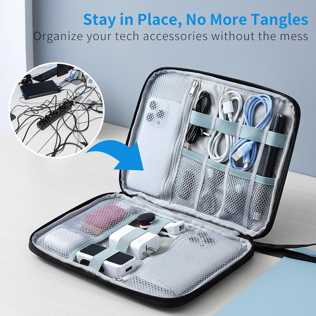 Electronics Travel Organizer Case for Chargers and Cords Black