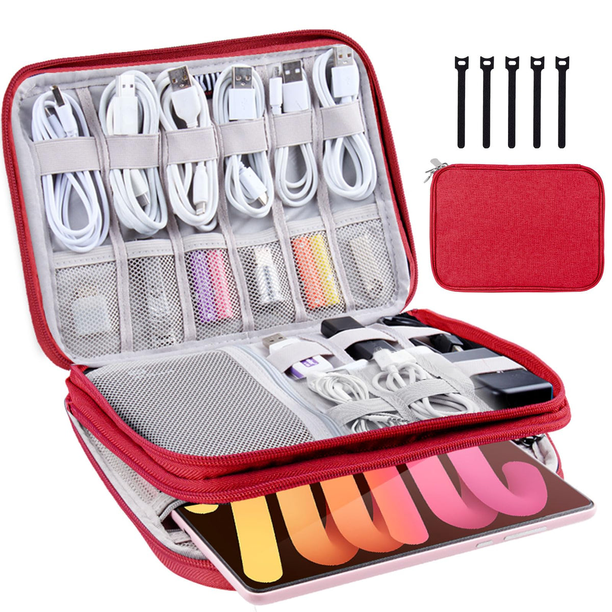 Electronics Organizer Travel Case Cord Cable Charger Organizer Bag Travel Accessories Essentials for Women Men Double Layers Tech Pouch with 5 Cable Ties for Phone Power Bank SD Card USB, Black