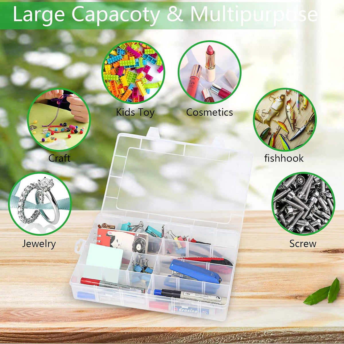 Gbivbe Large 24 Grids Plastic Organizer Box Adjustable Dividers,Clear Storage Box for Jewelry, Art DIY Crafts, Washi Tapes, Beads and Small Parts