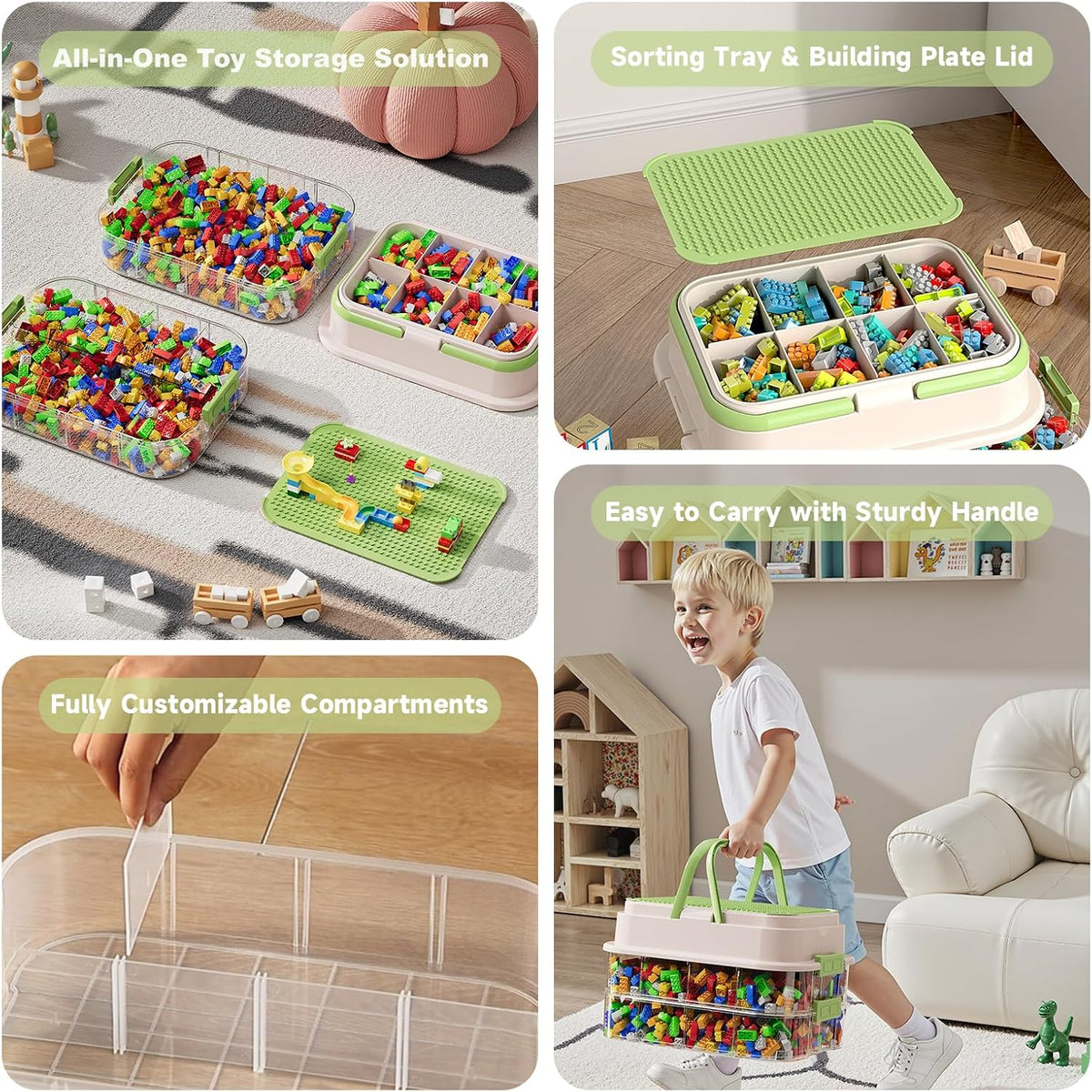 joyingbaby Toy Storage Organizer Box with Handle, Stackable Building Block Toy Box with Building Plate Lid & Removable Sorting Trays, Cubby Bins and Containers 3 Layer (Green)