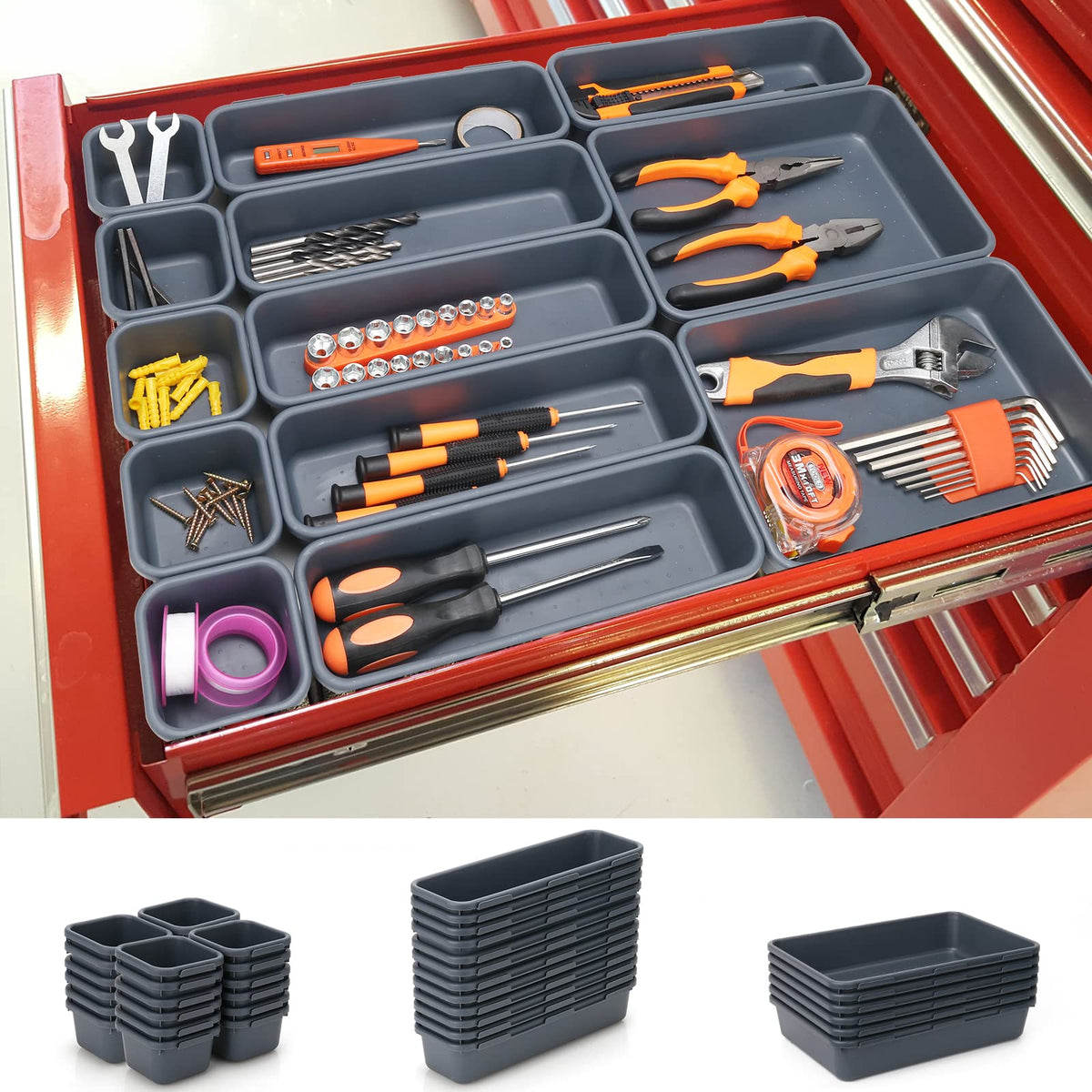 42 Pack Tool Box Organizer Tool Tray Dividers, Rolling Tool Chest Cart Cabinet Workbench Desk Drawer Organization and Storage for Hardware, Parts, Screws, Nuts, Small Tools Organization(Orange)