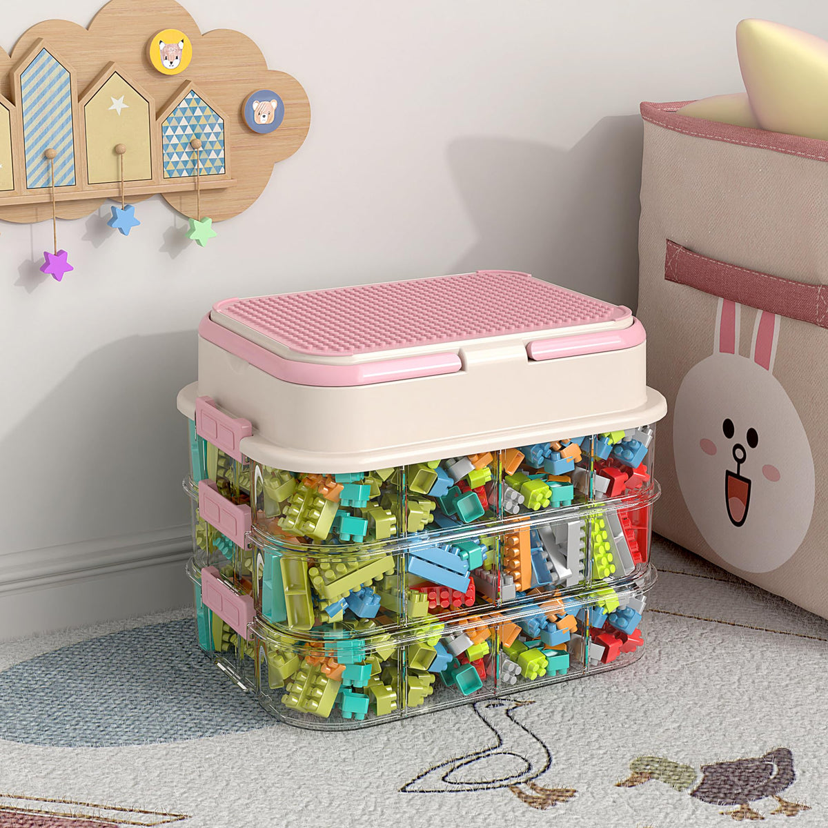 joyingbaby Toy Storage Organizer Box with Handle, Stackable Building Block Toy Box with Building Plate Lid & Removable Sorting Trays, Cubby Bins and Containers 3 Layer (Green)