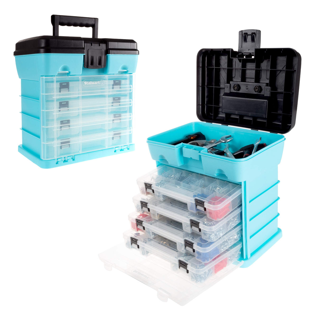 Small Parts Organizer Box - 11-Inch Portable Storage Case with 4 Removable Multi-Compartment Trays for Screws, Beads, Small Fishing Tackle, Hardware, and Craft Supplies by Stalwart (Red)