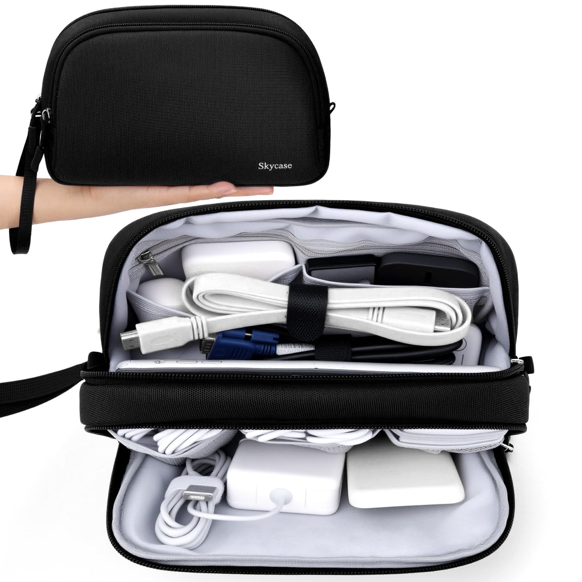 Skycase Electronics Travel Organizer 9 Compartment Dual Layer Tech Pouch Lightweight Water Resistant Travel Cable Organizer Bag for Chargers Cords Phone Power Bank Tech Essentials and Daily Items