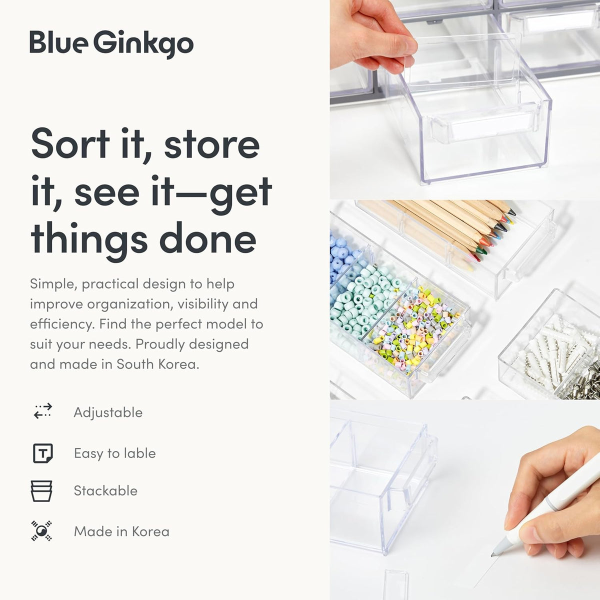 Blue Ginkgo 12-Drawer Storage Cabinet Organizer, Grey, Made in Korea