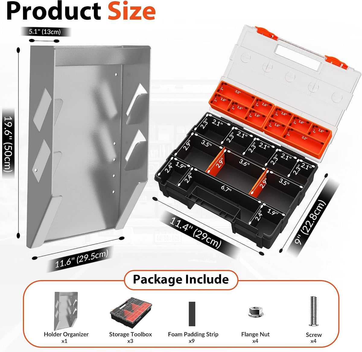 Hanging Tote Kit for Van Shelving Storage, Work Van Organizers and Storage Boxes, 3 Small Parts Tool Box Organizer 63 Compartments and 1 Metal Hanging Organizer Holder, Van Shelf Accessories