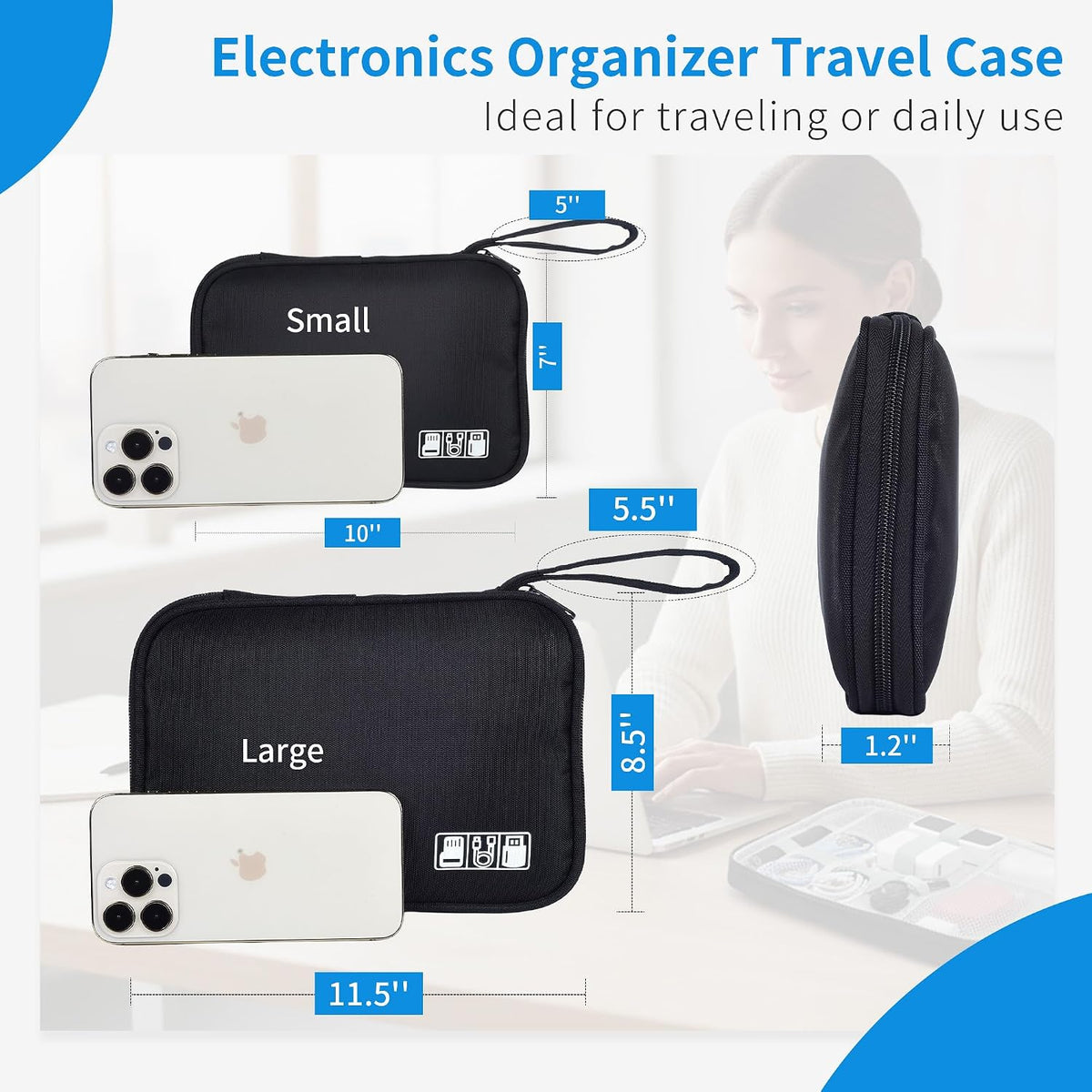 Electronics Travel Organizer Case for Chargers and Cords Black