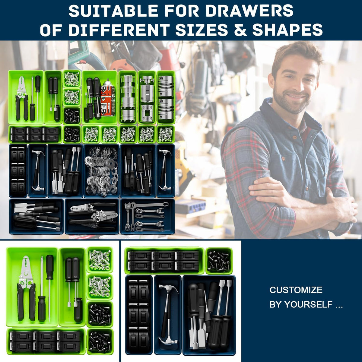 47pcs Tool Box Organizer, Tool Drawer Organizer Trays with Non-slip EVA Pads – Interlocking Divider Set, Fit Garage Storage Desk Drawers & Rooling Tool Cart (Blue & Green 47PCS)