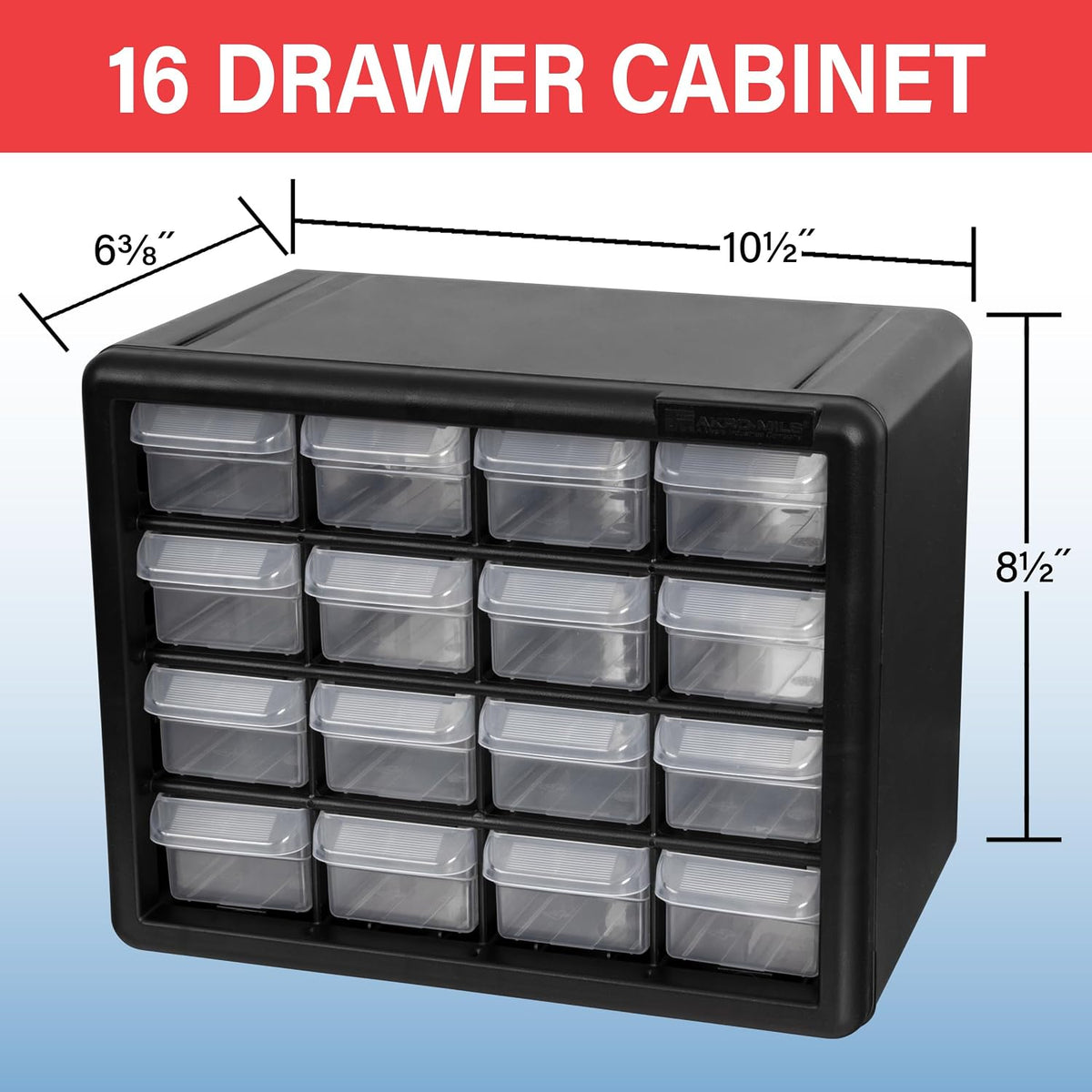 Akro-Mils 10116, 16 Drawer Plastic Parts Storage Hardware and Craft Cabinet, 10-1/2-Inch W x 6-1/2-Inch D x 8-1/2-Inch H, Black