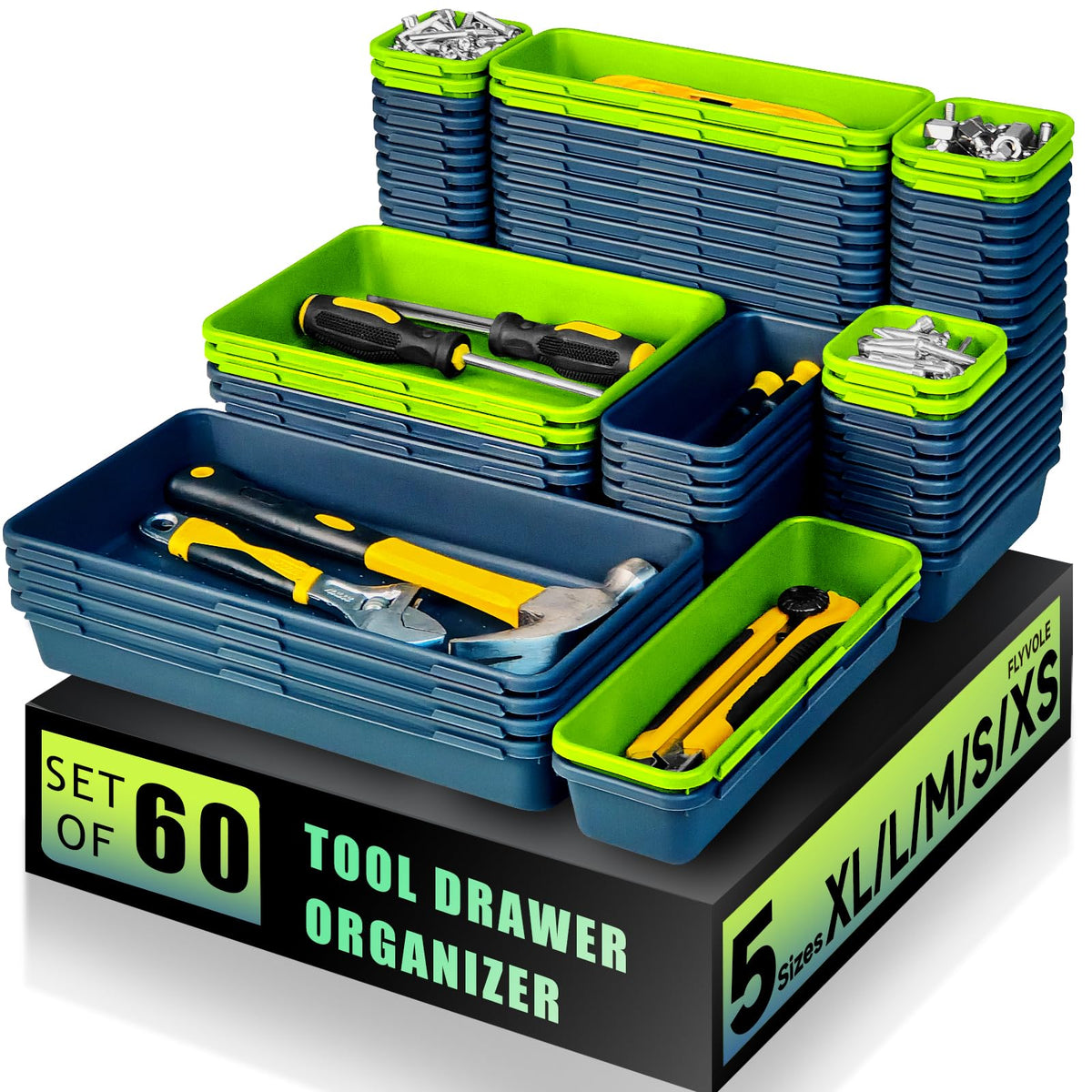Tool Box Organizer Tray, 60 PCS & 5 Sizes, Black