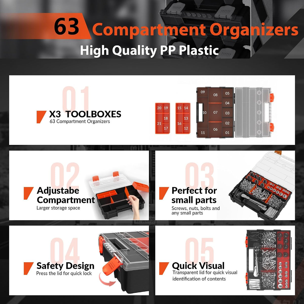 Hanging Tote Kit for Van Shelving Storage, Work Van Organizers and Storage Boxes, 3 Small Parts Tool Box Organizer 63 Compartments and 1 Metal Hanging Organizer Holder, Van Shelf Accessories