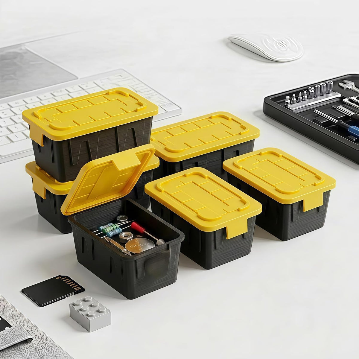 Mini Storage Bins with Lids, 3.42"x2"x1.33" 6-Pack 1.1:1 Heavy Duty Workshop Replica Organizer, Stackable Dustproof PLA Containers for Screws SD Cards LEGO Parts Office Desk Hobby Storage