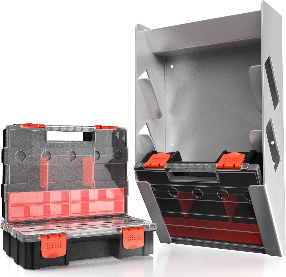 Hanging Tote Kit for Van Shelving Storage, Work Van Organizers and Storage Boxes, 3 Small Parts Tool Box Organizer 63 Compartments and 1 Metal Hanging Organizer Holder, Van Shelf Accessories