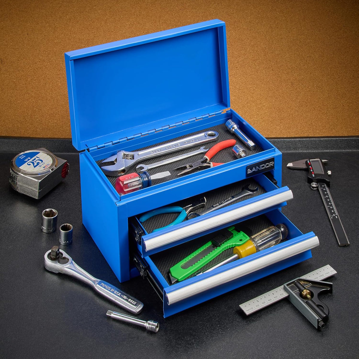 Mini Tool Box - Metal Tool Chest with 2 Drawers & PVC Drawer Liners - Blue