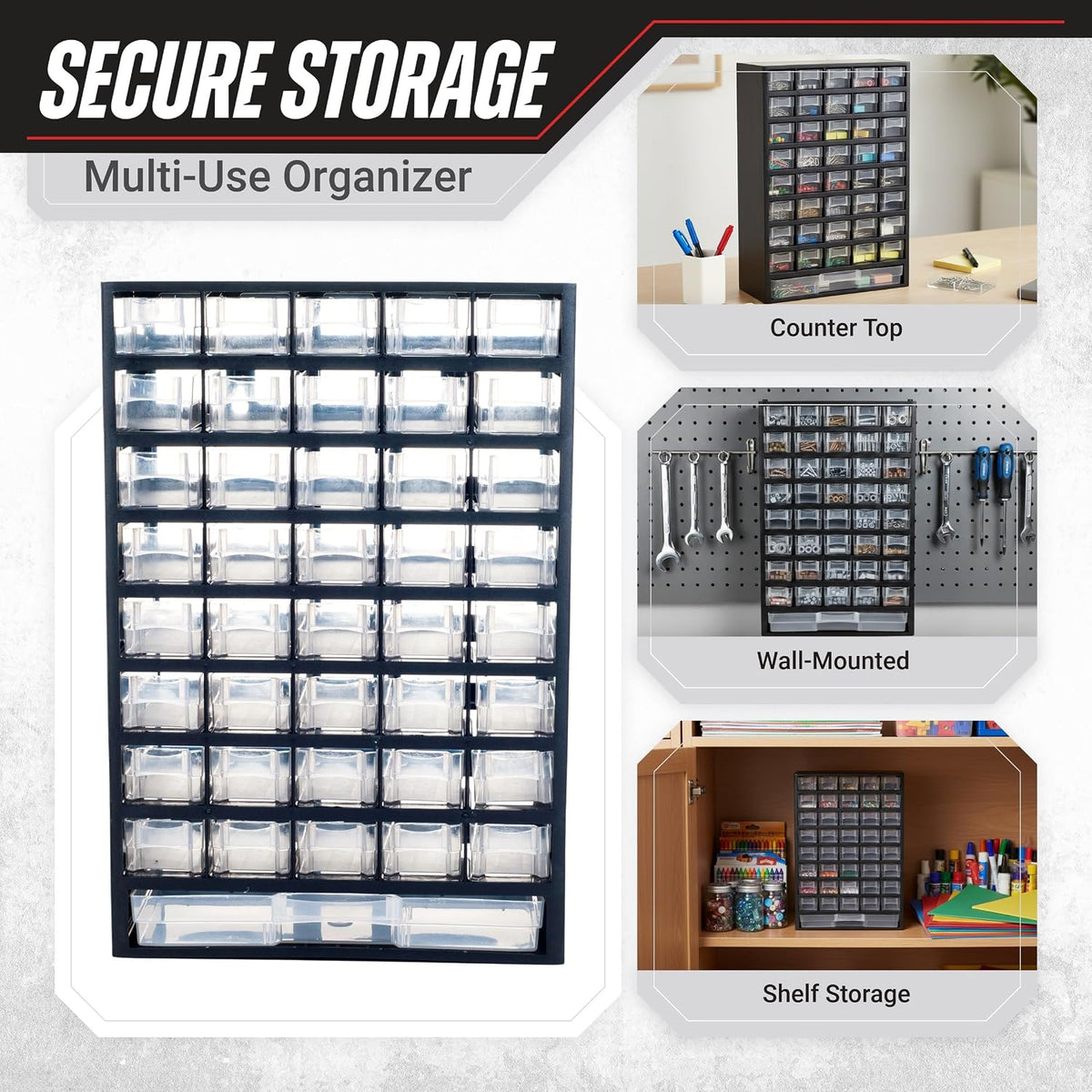 Storage Bin with Drawers - 41-Drawer Plastic Tool Organizer - Hardware or Craft Cabinet for Storing Beads, Toys, or Nuts and Bolts by Stalwart (Black)