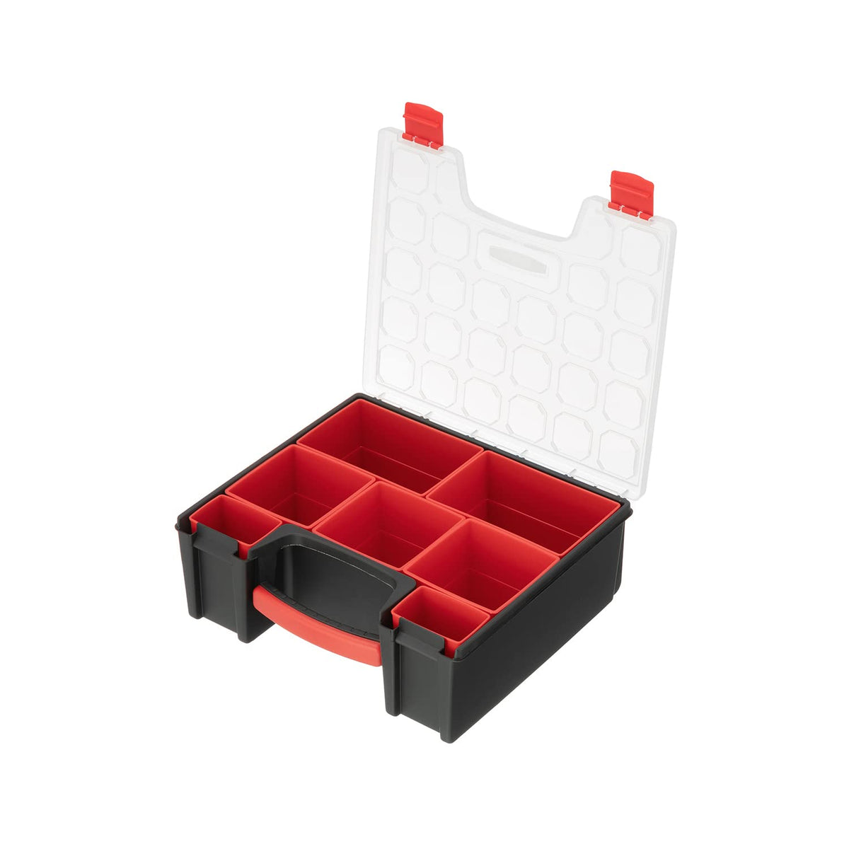 INTERTOOL Hardware Organizer with 7 Deep Removable Bins - Small Parts Storage Tool Box for Nuts, Bolts, Screws, Nails - Portable Handle Transparent Lid with Locks BX08-4032