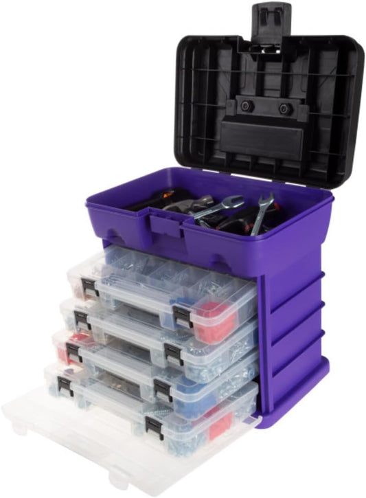 Storage and Tool Box-Durable Organizer Utility Box-4 Drawers with 19 Compartments Each for Hardware, Fish Tackle, Beads, and More by Stalwart (Purple)
