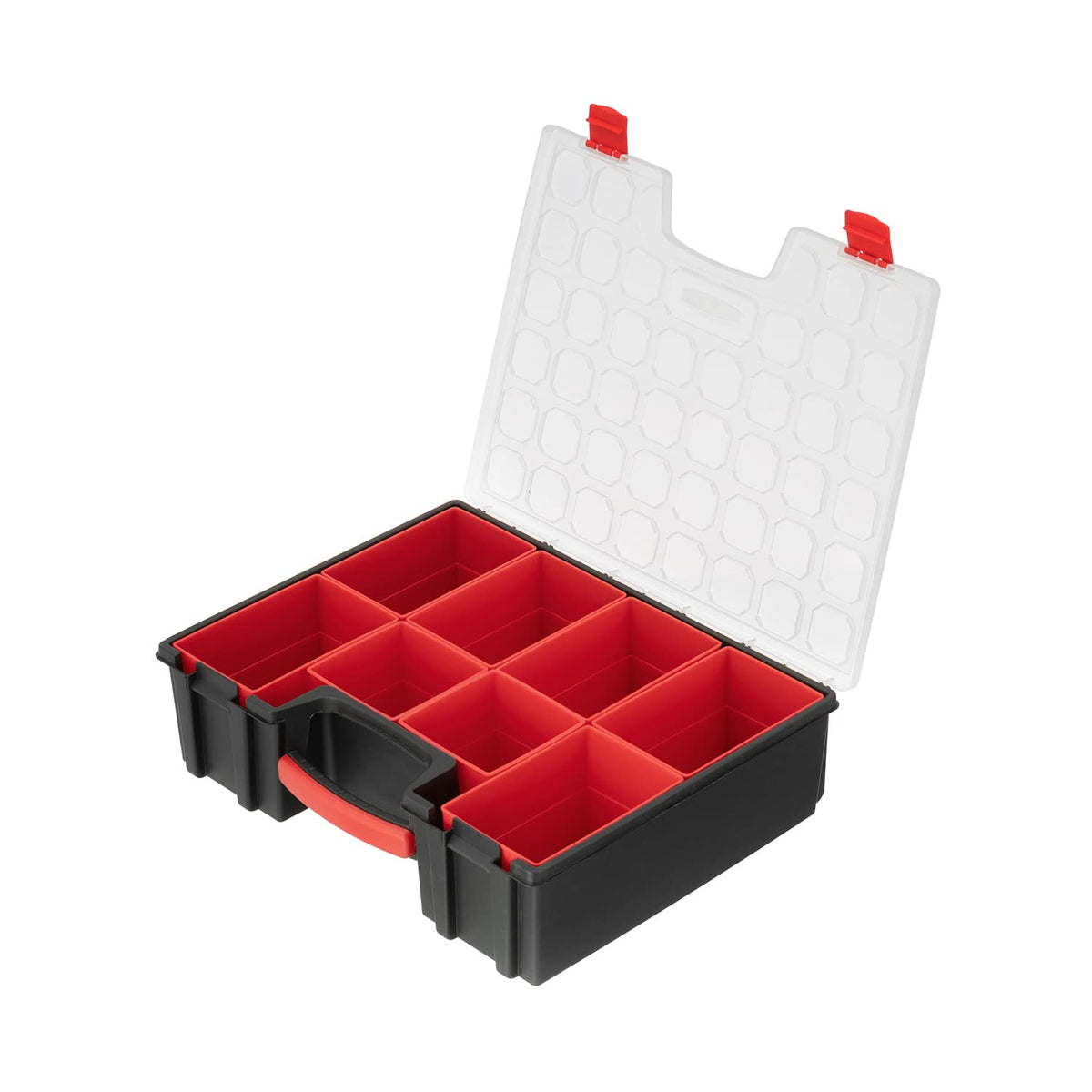 INTERTOOL Hardware Organizer with 7 Deep Removable Bins - Small Parts Storage Tool Box for Nuts, Bolts, Screws, Nails - Portable Handle Transparent Lid with Locks BX08-4032