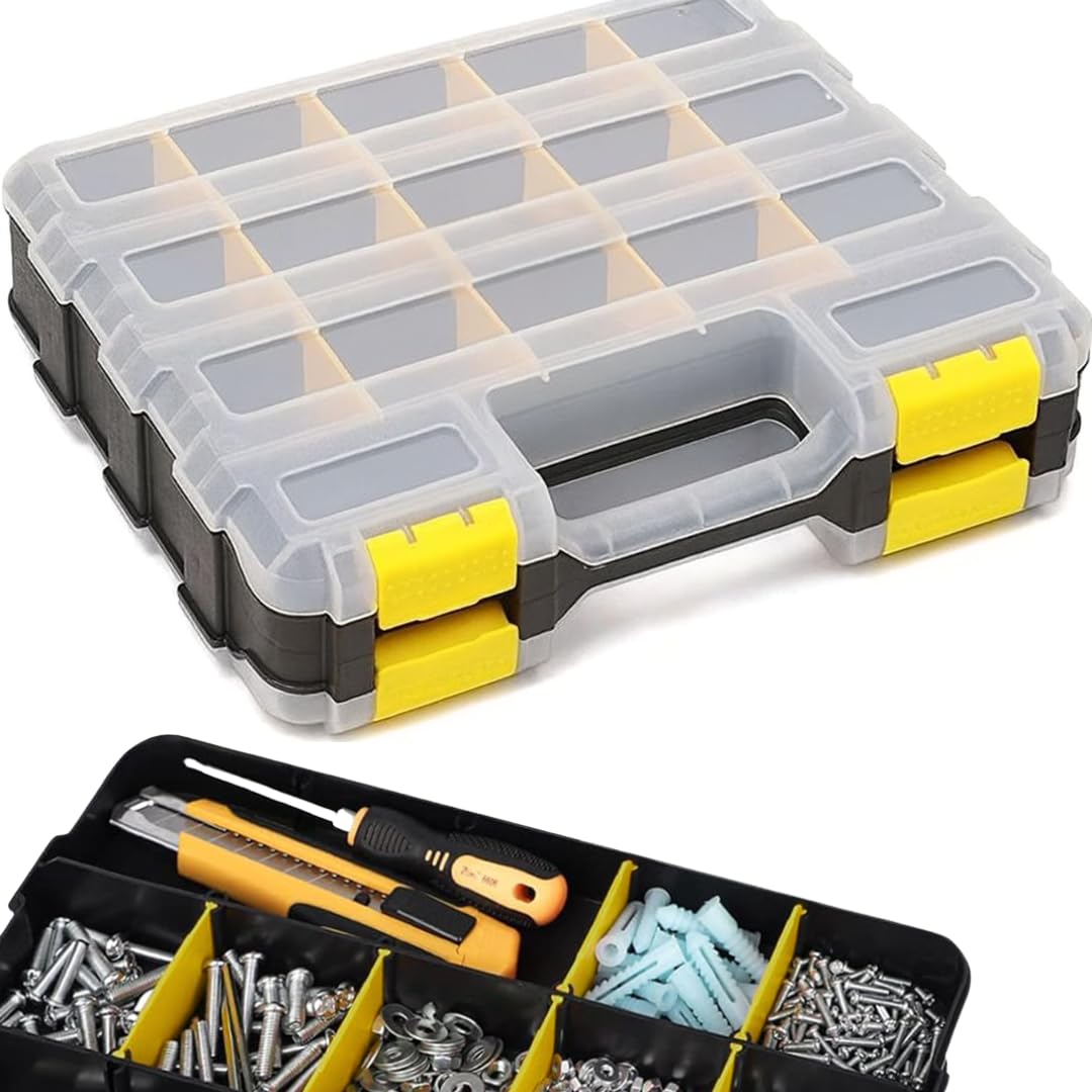 Andalus Tools Organizer Box, Small Parts Storage 34-Compartment Double-Sided Portable Hardware Organizer Removable Plastic Dividers for Screws, Nuts, Bolts, Nails – Orange (2 Pack, 12.5" x 10.5" x 3")