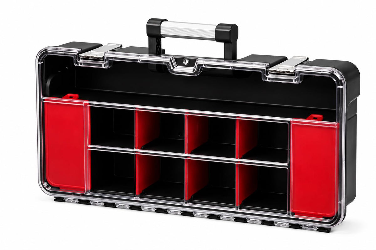 Small Parts Organizer Box – Stackable Hardware Storage Case with 20 Compartments & 12 Dividers – Heavy-Duty Nylon Screw, Drill Bit, Nut & Bolt Organizer for Garage, Toolbox, Workshop
