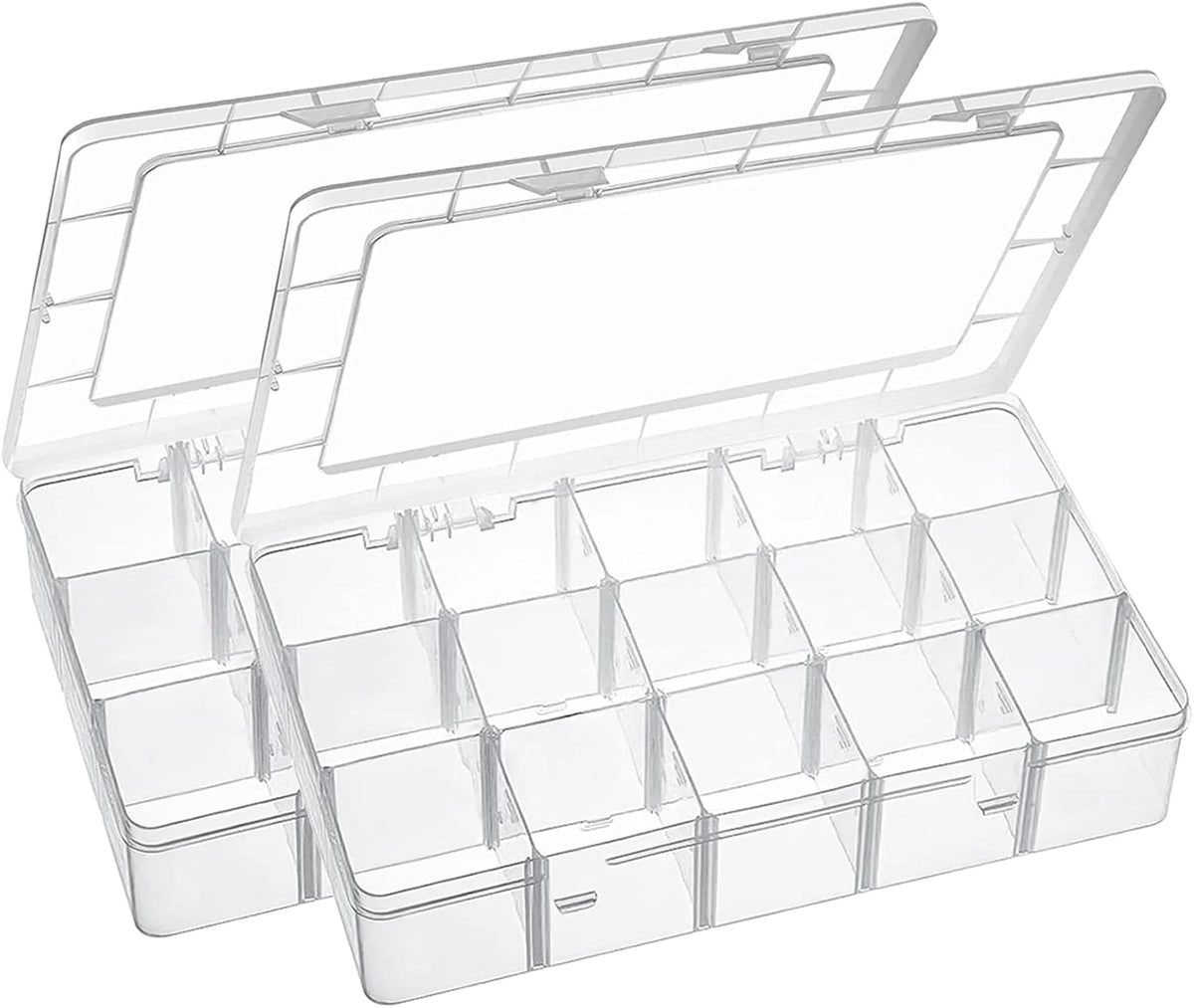 Exptolii 15 Large Grids Plastic Organizer Box with Dividers, 2 Pack Clear Compartment Container Storage for Washi Tapes Beads Crafts Jewelry Fishing Tackles, Size 11 x 6.3 x 2.2 in