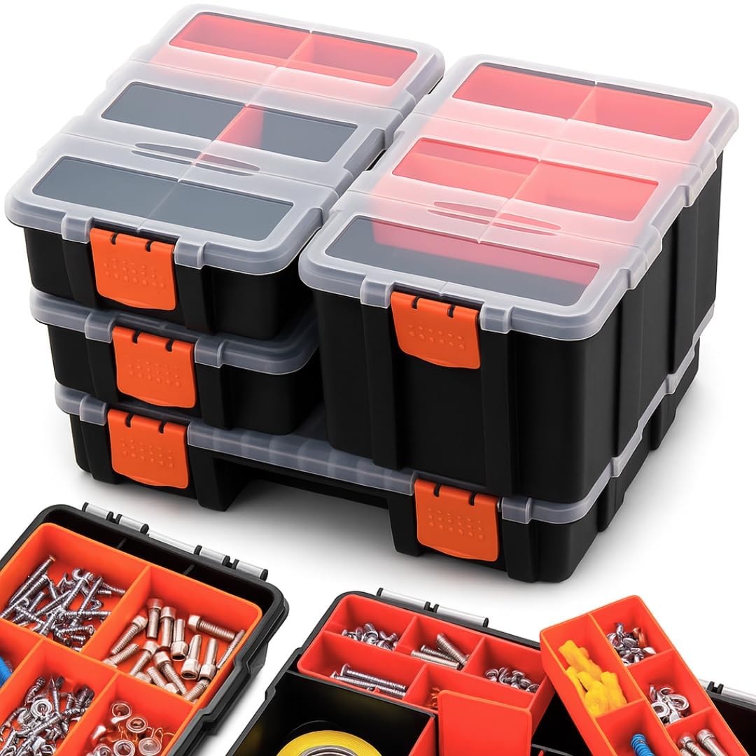 Andalus Tools Organizer Box, Small Parts Storage 18-Compartment Portable Hardware Organizer Removable Plastic Dividers for Screws, Nuts, Bolts, Nails – Orange (1 Pack, 12.75" x 10" x 1.75")