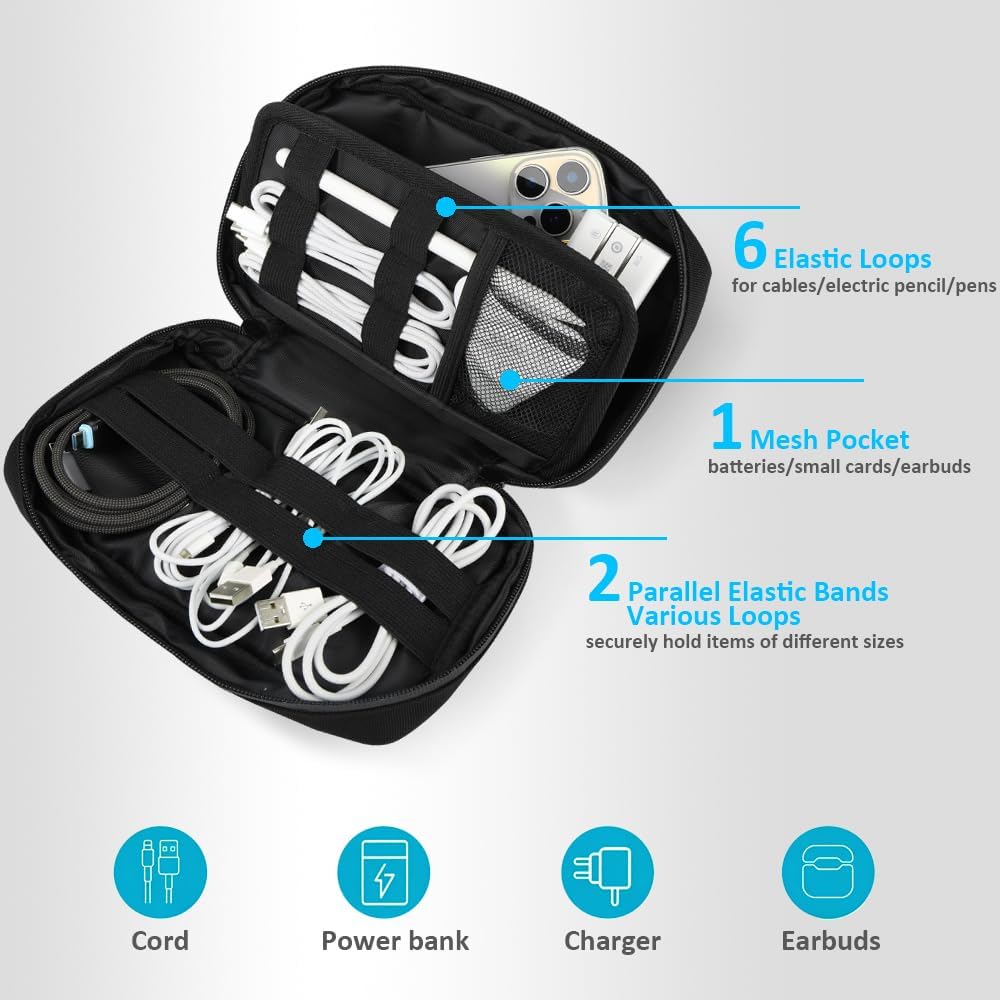 GOX Travel Cable Organizer Bag, Small Tech Pouch for Electronics, Black