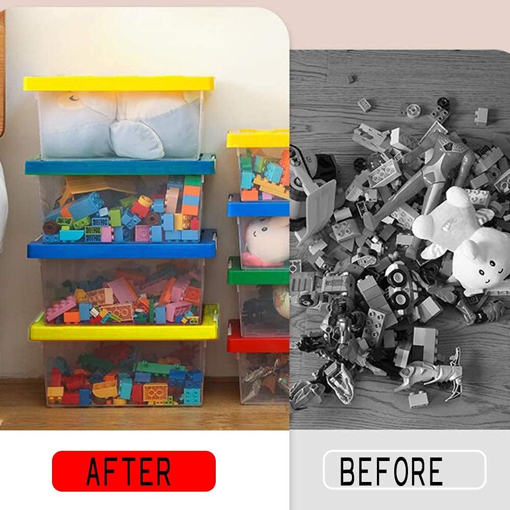 Plastic Storage Bins with Lids - Stackable Toy Storage Organizer Box Set of 2, Toy Chests with Compatible Building Baseplate and Lid, Storage Container for Building Bricks - Red+Blue