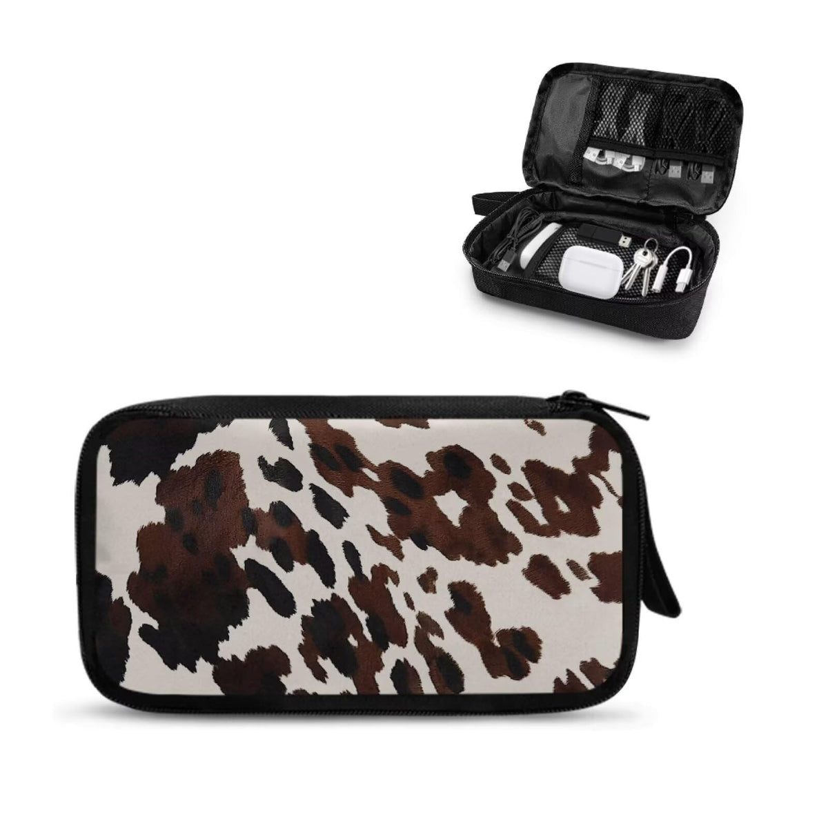 Cow Print Electronic Organizer Travel Cable Organizer Storage Bags for Data Cables, USB C Charger, SD Card, Hard Drive, Charging Cord, Mouse, Power Bank