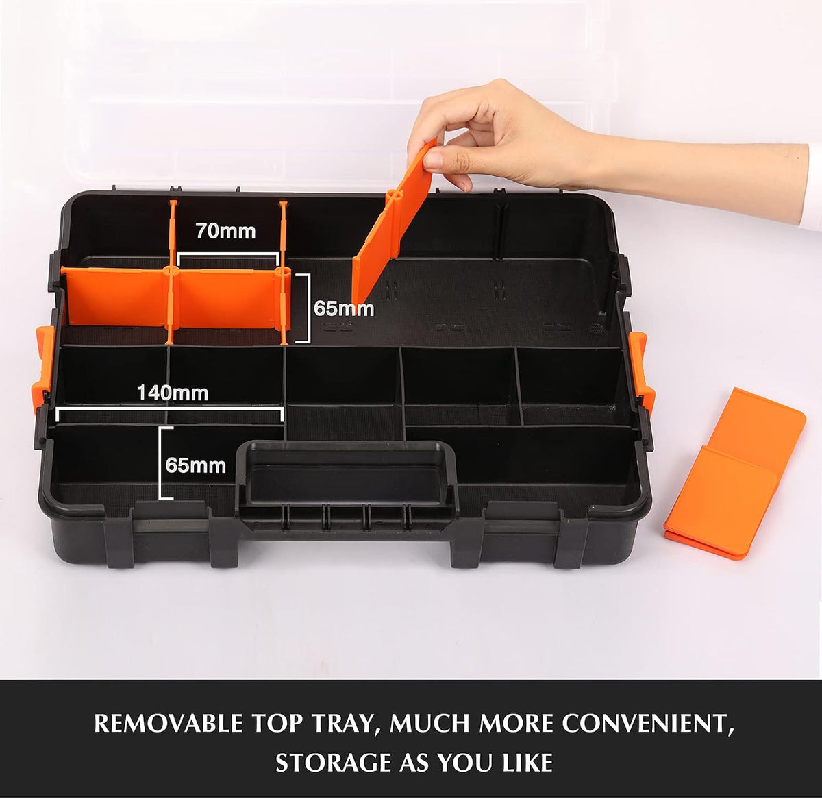 EMENTOL 2PCS Toolbox Organizer Sets, 20 Removable Dividers, Durable Plastic Box, Excellent for Screws, Nuts, Small Parts, 34-Compartment, Black/Orange, 2 Pieces Set