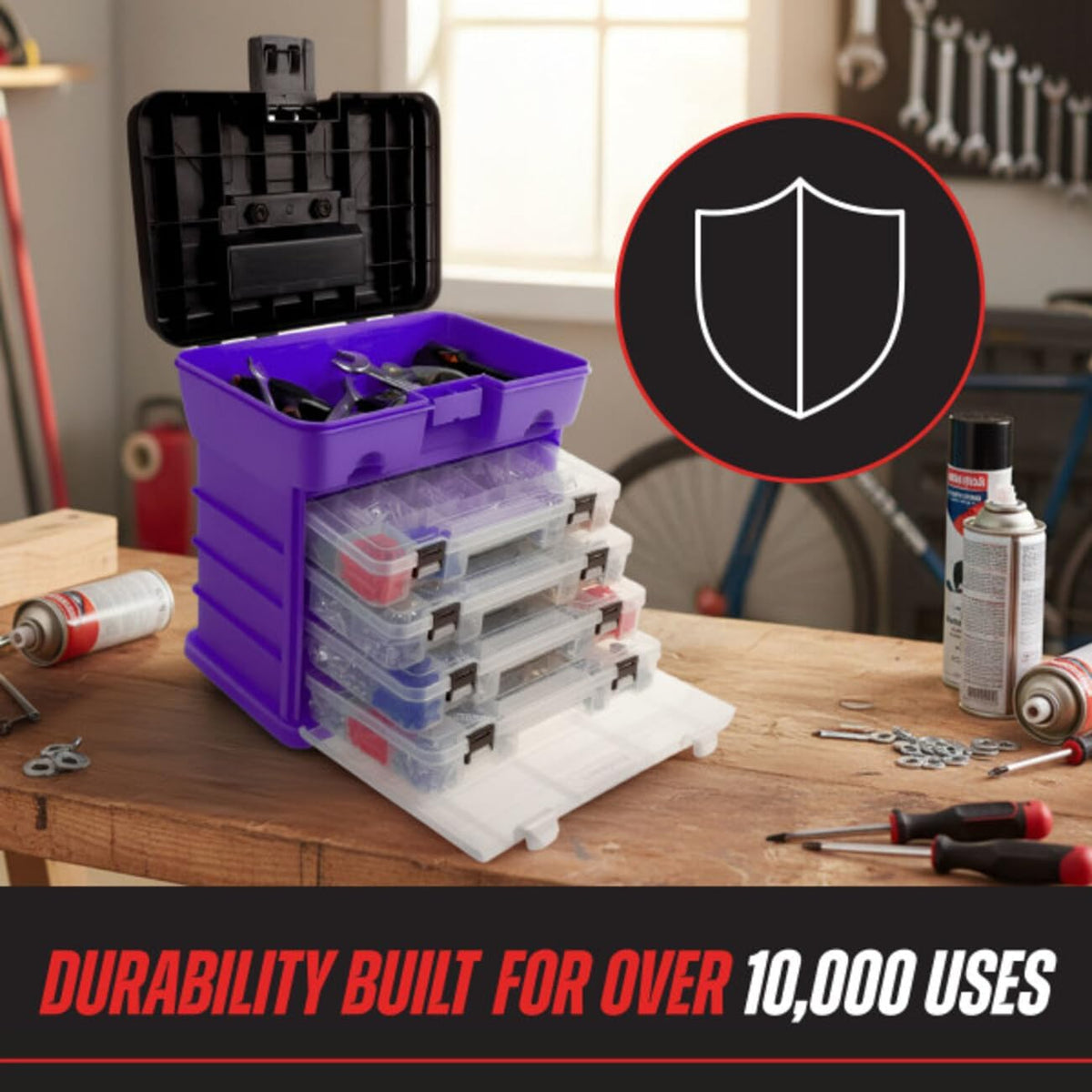 Storage and Tool Box-Durable Organizer Utility Box-4 Drawers with 19 Compartments Each for Hardware, Fish Tackle, Beads, and More by Stalwart (Purple)