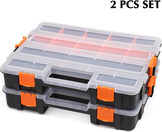 EMENTOL 2PCS Toolbox Organizer Sets, 20 Removable Dividers, Durable Plastic Box, Excellent for Screws, Nuts, Small Parts, 34-Compartment, Black/Orange, 2 Pieces Set