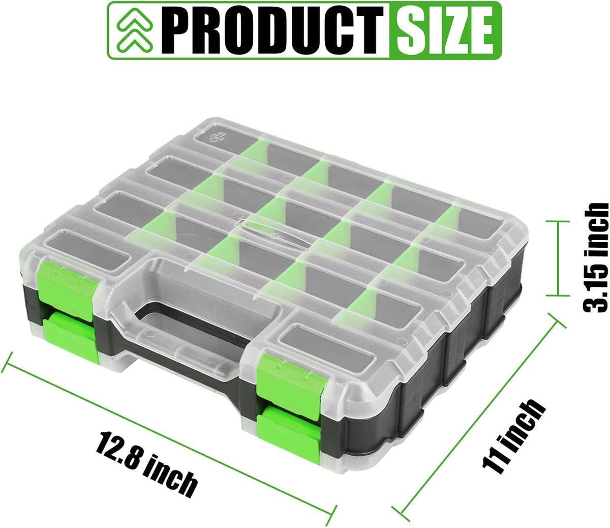 Tool Box with Transparent Lid, Double Side 34-Compartments Organizer Box with Removable Dividers for Hardware, Screws, Bolts, Nails, Beads, Jewelry and Fishing Accessories, Green, 2 Packs